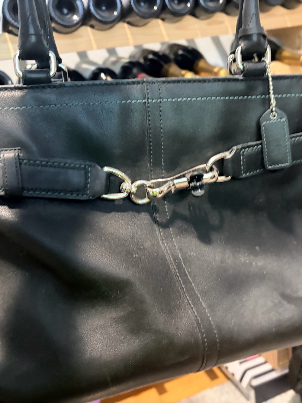 Coach Hamptons 5A08 Black Leather Tote Bag Blue Stitching Vintage